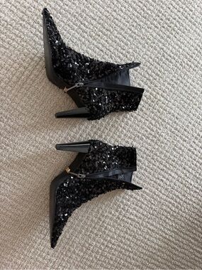 Zara Black Sequin Pointed Toe High Heel Ankle Boots eu size 37